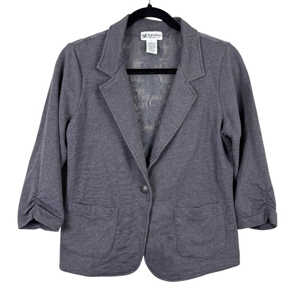 Self Esteem Junior's Large Lace Back Gray Blazer 3/4 Sleeve Ruched Romantic